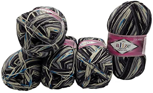 5 x 100 Gramm Sockenwolle mehrfarbig, 75% Schurwolle, 500 Gramm Wolle für Stricksocken und Strümpfe (schwarz grau blau weiß 7650) von Superwash