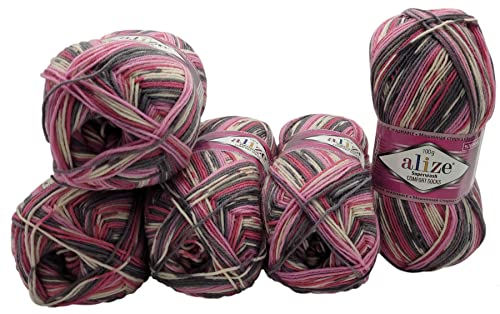 5 x 100 Gramm Sockenwolle mehrfarbig, 75% Schurwolle, 500 Gramm Wolle für Stricksocken und Strümpfe (grau rosa weiss 7707) von Superwash