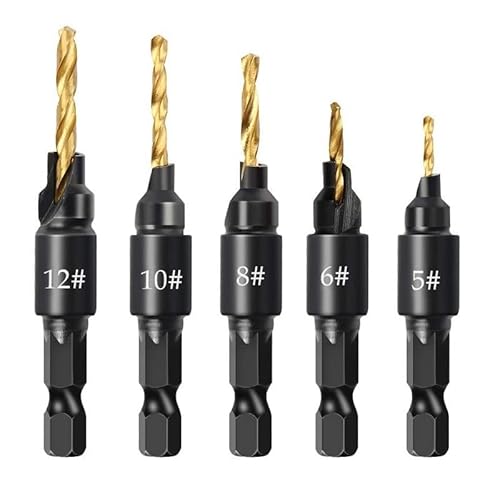 5/6-teiliges Reamin-Bohrer-Set for Holzbearbeitungsbohrer for Bohren von Pilotlöchern for Schraubengrößen #5#6#8#10#12(Gold 6pcs) von Supkancl