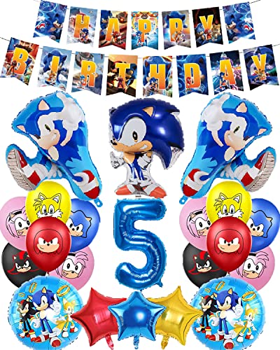 Sonic Party Dekorationen, Luftballon 5. Geburtstag Deko – Happy Birthday Banner, Latex Helium Folienballons,Kinder,Jungen,Mädchen,Kindergeburtstag Thema Supplies von Supmehero