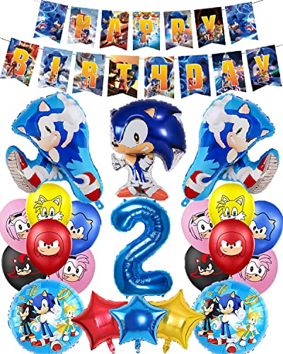 Sonic Party Dekorationen, Luftballon 2. Geburtstag Deko – Happy Birthday Banner, Latex Helium Folienballons,Kinder,Jungen,Mädchen,Kindergeburtstag Thema Supplies von Supmehero
