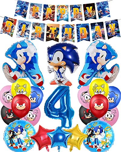 Sonic Party Dekorationen, Luftballon 4. Geburtstag Deko – Happy Birthday Banner, Latex Helium Folienballons,Kinder,Jungen,Mädchen,Kindergeburtstag Thema Supplies von Supmehero