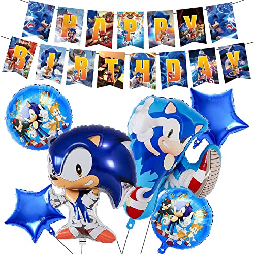 Sonic Party-Dekorationen,Geburtstag Luftballon Supplies – Sonic Happy Birthday Banner, Latex- und Folienballons, Zahlenalter für Kinder, Jungen, Thema Party-Dekoration von Supmehero