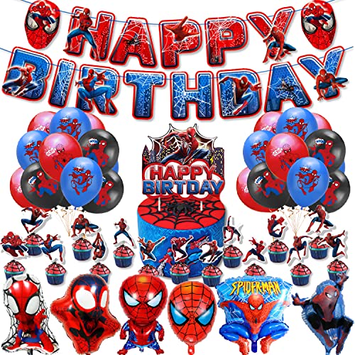 Spiderman Geburtstag Party Dekorationen,Spiderman Happy Birthday Banner balloons Große Folienballons Tortenaufsatz für Kinder Jungen, Mädchen Superhelden Themen Supplies Dekorationszubehör (Style 2) von Supmehero