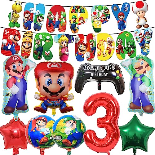 Super Marios Party-Dekoration – Mario-Luftballons, Mario Bros-Folienballons, Banner für Kinder, Jungen und Mädchen, Spiel-Themendekorationen, Partyzubehör zum 3. Geburtstag(Nummer 3) von Supmehero