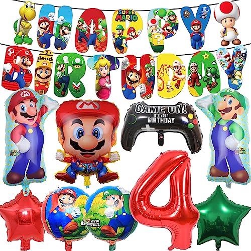 Super Marios Party-Dekoration – Mario-Luftballons, Mario Bros-Folienballons, Banner für Kinder, Jungen und Mädchen, Spiel-Themendekorationen, Partyzubehör zum 4. Geburtstag (Nummer 4) von Supmehero