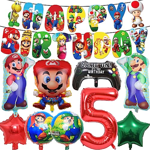 Super Marios Party-Dekoration – Mario-Luftballons, Mario Bros-Folienballons, Banner für Kinder, Jungen und Mädchen, Spiel-Themendekorationen, Partyzubehör zum 5. Geburtstag (Nummer 5) von Supmehero