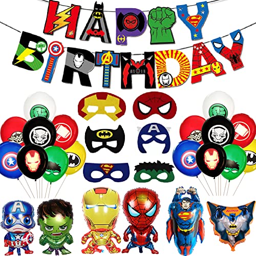 Superhelden Party Dekorationen Avenger Party Supplies – Happy Birthday Banner Superheld Große Folienballons Tortenaufsatz für Kinder Jungen, Mädchen Superhelden Themenparty Dekorationszubehör (A) von Supmehero