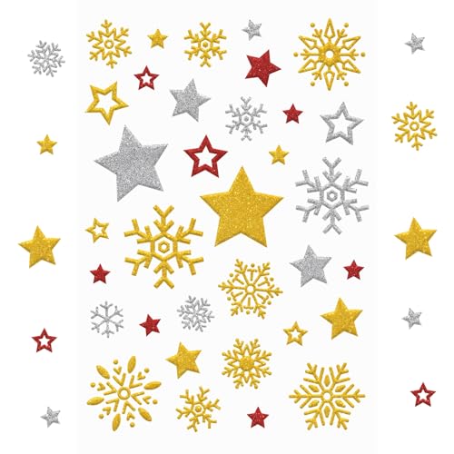 340 Weihnachtsaufkleber, Glitzer Sticker Stern Schneeflocken Aufkleber Etiketten, Gold Weihnachtssticker Selbstklebend zum Basteln, Weihnachtsdeko Kinder, für Geschenke, Weihnachtskarten（10 Bogen von SupreLuck