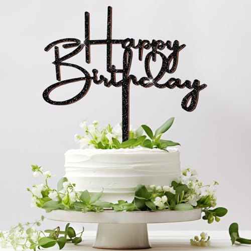 Happy Birthday Tortendeko Geburtstag, Glitter Cake Topper aus Holz Tortendeko, Kuchen deko Schwarz, Alles Gute Zum Geburtstag Kuchen Deko von SupreLuck