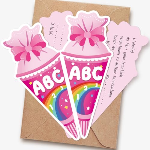 SupreLuck Einladung Einschulung Mädchen, 12 Stück Einladungskarten Einschulung mit Passenden Umschlägen, Schulanfang Deko Schultüte Mädchen (Pink) von SupreLuck