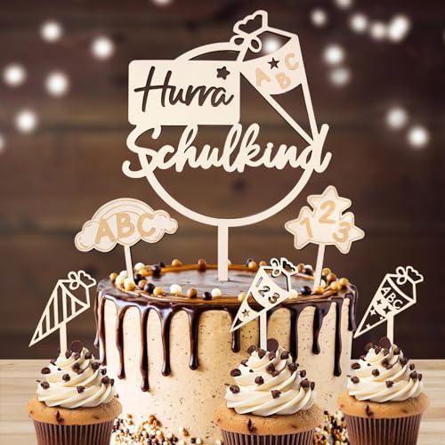 Tortendeko Einschulung, Cake Topper Hurra Schulkind Holz, Kuchendeko Schulanfang von SupreLuck