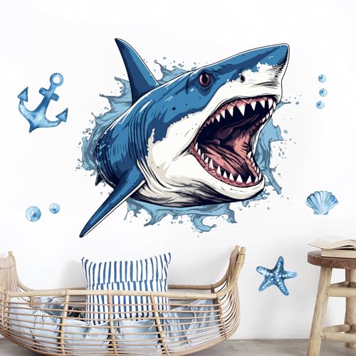 Supzone Wandtattoo 3D Hai Öffnender Mund Wandaufkleber Ozean-Thema Wandsticker Jungenzimmer Wand Dekor für Kinderzimmer Babyzimmer Schlafzimmer Spielzimmer Wanddeko von Supzone