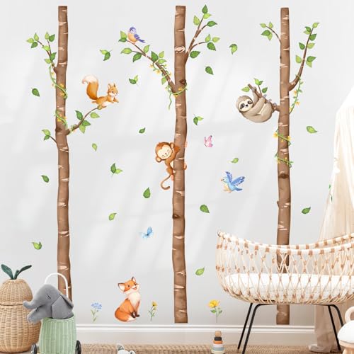Supzone Wandtattoo Baum Birke Groß Waldtiere Wandaufkleber Tiere Fuchs Quadrilly Affe Wandsticker Wanddeko für Kinderzimmer Babyzimmer Schlafzimmer Wanddeko von Supzone