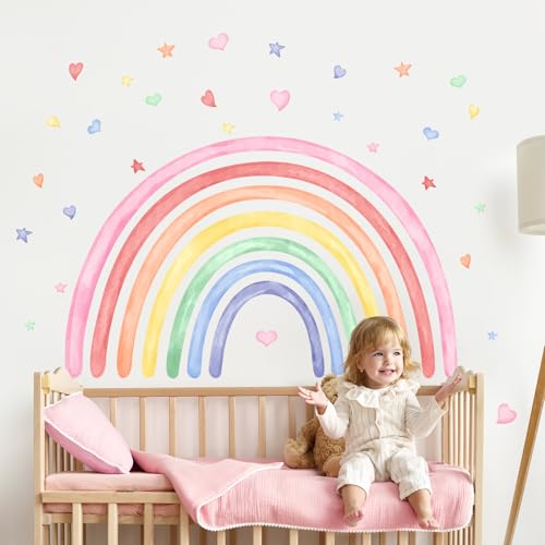 Supzone Wandtattoo Bunte Regenbogen 107x66cm, Wandaufkleber Aquarell Regenbogen Herzen Sterne Wandsticker Selbstklebende für Mädchen Kinderzimmer Babyzimmer Schlafzimmer Wanddeko von Supzone