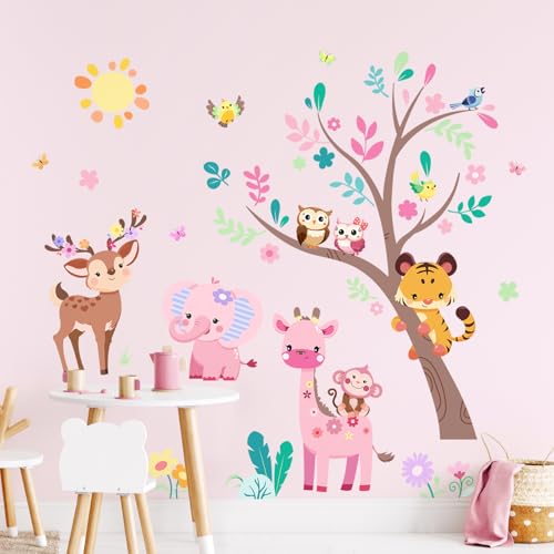 Supzone Wandtattoo Dschungel Tier Baum Wandaufkleber Rosa Elefant Giraffe Wandsticker Safari Tiere Abziehen und ankleben für Mädchenzimmer Kinderzimmer Babyzimmer Schlafzimmer Türen Wanddeko von Supzone