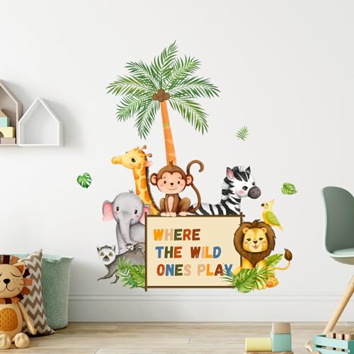 Supzone Wandtattoo Dschungeltiere Elefant Giraffe Löwe Affe Wandaufkleber Wo die Wilden spielen Wandsticker Dschungel Jungenzimmer für Kinderzimmer Babyzimmer Schlafzimmer Spielzimmer Wanddeko von Supzone