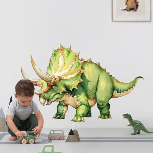 Supzone Wandtattoo Großer Dinosaurier Wandaufkleber Grüne Triceratops Wandsticker Kinderzimmer Babyzimmer Jungenzimmer Spielzimmer Wanddeko(114x74cm) von Supzone