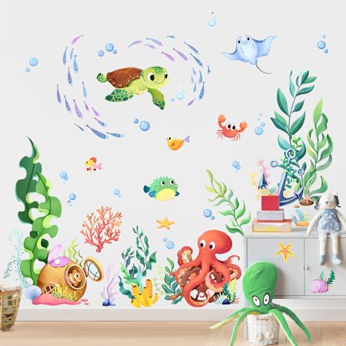 Supzone Wandtattoo Unterwasser Wandaufkleber Meeresschildkröte Oktopus Seegras Wandsticker Kinderzimmer Babyzimmer Badezimmer Wanddeko von Supzone