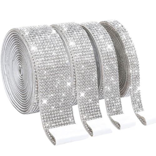 4 Rollen Selbstklebende Kristall Strass Diamant Band,Strass Selbstklebend Band Glitzersteine Strasssteine DIY Dekoration Bling Aufkleber mit 2 mm Strass für Auto Handwerk Hochzeit Telefon Dekoration von Surakey