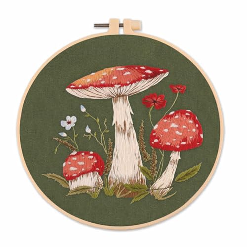 Pilz Stickerei Set Anfänger, Kreuzstich Starter kit mit Anleitung, 20cm Stickrahmen Erwachsene Anfänger Sticksets DIY Stickerei Zubehör Set Kreuzstich Stickbilder Set für Kunst Handwerk Nähen von Surakey