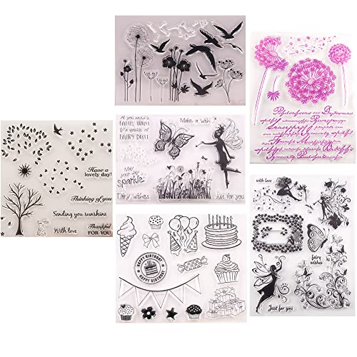 Silikonstempel Blumen und Blätter Set,6 Stück Clear Stamps Vögel,Löwenzahn,Schmetterling,Klare Stempel Tiere Vintage Stempel für DIY Bullet Journal Scrapbooking Fotoalbum Geburtstag Stempelset von Surakey