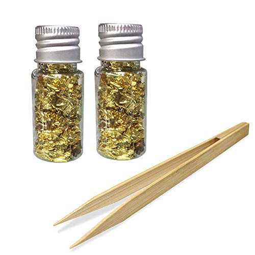 2 Flaschen Essbare Blattgold Flocken, 24 Karat Gold Flocken Essbare zum Basteln Lebensmittel Dekorfolie Papier Küche Mousse Kuchen Backen Gebäck Kunsthandwerk Decor (Hergeben Pinzette) von Surakey