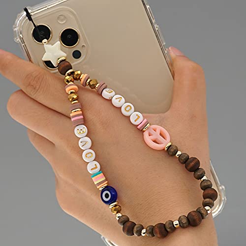 Surakey Handykette Perlen Handy Strap, Böhmische Acryl Lächeln Stern Perlen Anti-Verlorene Handykette Telefon Anhänger Schlüsselband Kette Mobile Phone Handy-Schmuck für Frauen von Surakey