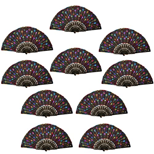 Vintage Faltbarer Handfächer für Damen,10 Stück Sommer Fächer Hochzeit Pailletten Bestickter Pfau Fächer Spanien Stil Klappfächer Taschenfächer für Wanddekoration Geschenke Hochzeit Kostüm Karneval von Surakey