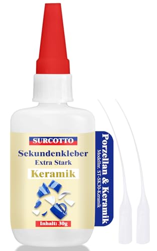 Sekundenkleber für Keramik & Porzellan extra stark 30g, Surcotto Porzellankleber spülmaschinenfest, Keramikkleber extra stark, flüssig hitzebeständig - Reparatur Kleber für Keramik, Porzellan & Ton von Surcotto