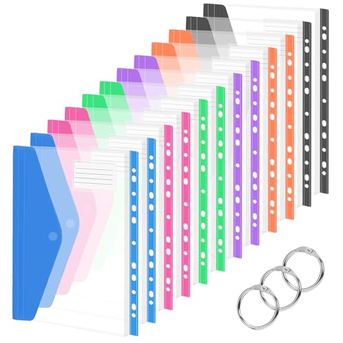Surcotto 12 Stück erweiterbare gelochte Klarsichthüllen, A4-Format, A4-Ordner, transparente Tasche mit Klettverschluss und Etikettentasche für Zuhause, Büro und Schule, 6 Farben von Surcotto