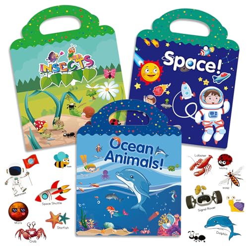 Surcotto Stickerbuch ab 1 2 3 4 5 Jahre, Wiederverwendbare Sticker Kinder(Ozean+Insekten+Weltraum), Sticker Buch für Mädchen und Jungen, Montessori, Sensory Play, für Unterwegs Auto Flugzeug Zug Reise von Surcotto
