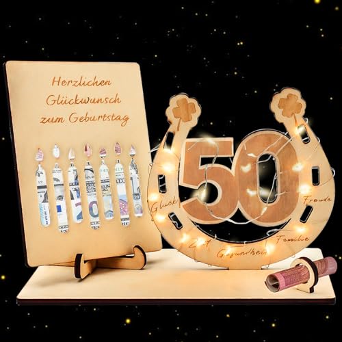 Surple 50 Geburtstag Geschenk für Männer und Frauen Geldgeschenke Geburtstag mit LED Lichterkette Ständer Holzschild Gästebuch Geburtstag Kreative 18 Geburtstag Deko von Surplex