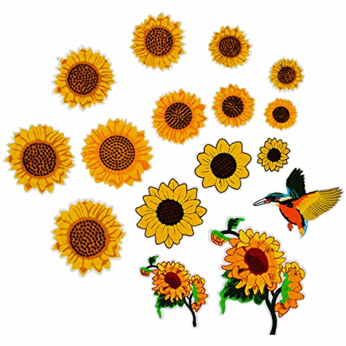 Surriba 16 Aufnäher Sonnenblume Aufkleber zum Aufbügeln Sticker Vogel Rucksack für Patches Bügelbilder Kinder Bügelflicken für DIY T-Shirt Jeans Bügelbild Gelb von Surriba