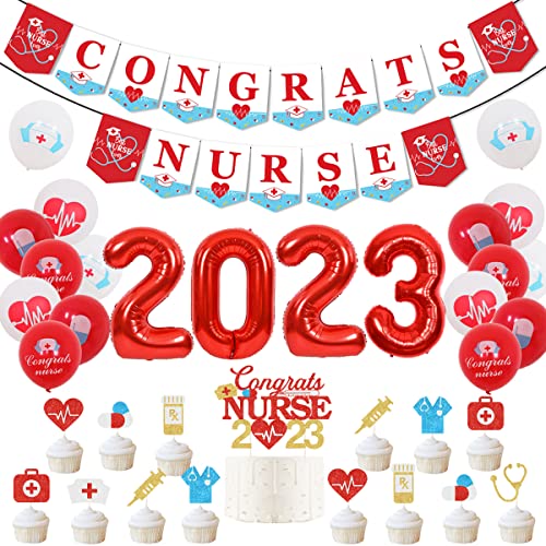2023 Krankenschwester-Abschluss-Dekorationen Congrats Nurse Banner Cupcake Topper 2023 Luftballons für Krankenschwester Medizinische Schule RN Abschlussfeier Partyzubehör von Sursurprise