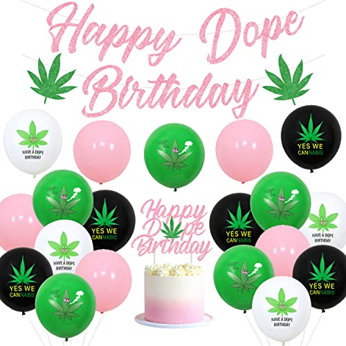 Sursurprise Cannabis Party Deko, Rosa Happy Dope Geburtstag Banner, Cake Topper, Pot Leaf Ballons für Frauen Weed Marihuana Geburtstag Dekorationen von Sursurprise