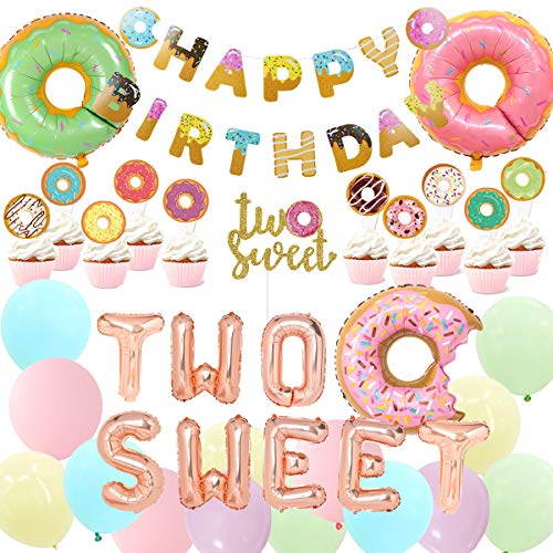 Donut 2. Geburtstagsfeier Dekorationen Mädchen, zwei süße Macaron Luftballons alles Gute zum Geburtstag Banner Cake Topper für Donut 2. Geburtstagsfeier Lieferungen von Sursurprise