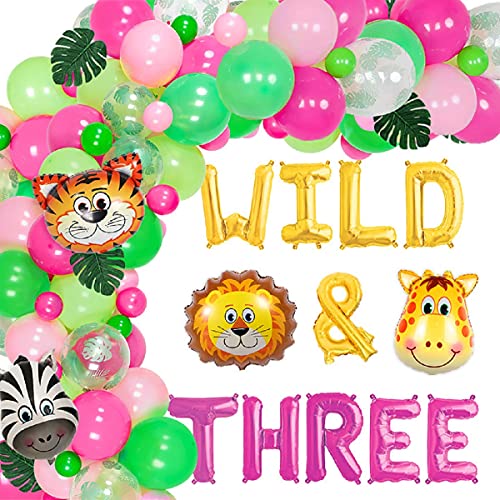Dschungelthema 3. Geburtstagsfeierzubehör, WILD & DREI Safari-Luftballons Garland Arch Kit für Mädchen, Tierballons, grüne künstliche Palmblätter für Dekorationen zum dritten Geburtstag von Sursurprise