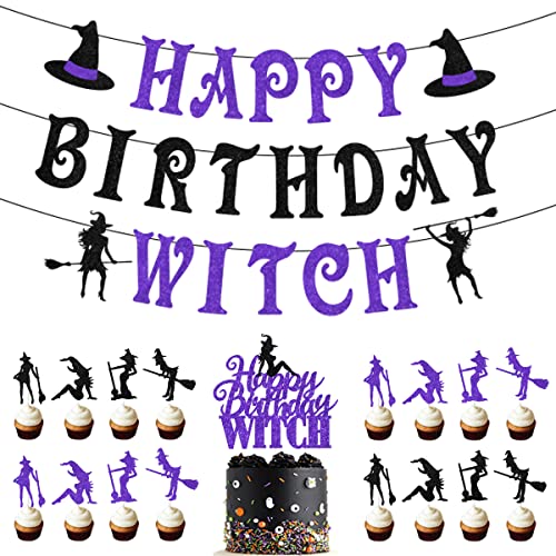 Hexe Thema Halloween Geburtstag Party Dekorationen, Happy Birthday Hexe Glitzer Banner Kuchen Cupcake Toppers Schwarz und Lila, Lustige Horror Party Supplies für Frauen Hexe Thema Halloween Geburtstag Party Dekorationen, Happy Birthday Hexe Glitzer Banner Kuchen Cupcake Toppers Schwarz und Lila, Lustige Horror Party Supplies für Frauen von Sursurprise