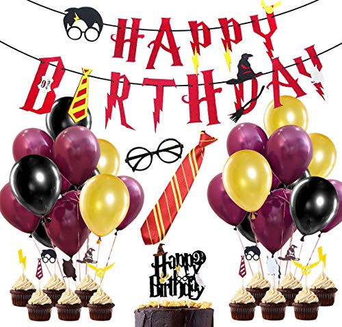 JOYMEMO 58 Stück Dekorationen für Party, Zauberer, Banner, Happy Birthday, Ballons, Brille, Zauberer, Kuchendekoration, gestreift, Krawatte für Geburtstag von Sursurprise