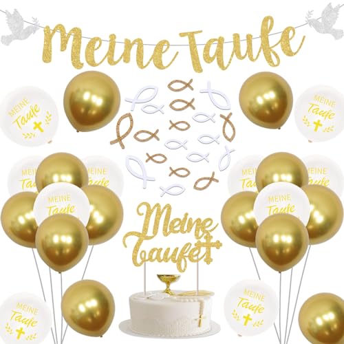 Sursurprise Meine Taufe Dekorationen Gold, Erstkommunion Kommunion Party Dekoration, Glitter Banner Girlande, Holz Fisch Kreuz Ballons für Baby Dusche Party Zubehör Jungen Mädchen Sursurprise Meine Taufe Dekorationen Gold, Erstkommunion Kommunion Party Dekoration, Glitter Banner Girlande, Holz Fisch Kreuz Ballons für Baby Dusche Party Zubehör Jungen Mädchen von Sursurprise
