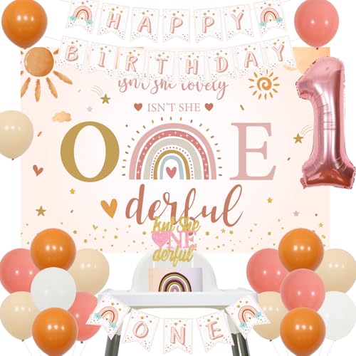 Sursurprise Miss Onderful 1. Geburtstag Dekorationen für Mädchen, Isn't She Lovely Isn't She Onederful Backdrop Cake Topper Boho Rainbow Banner Ballons für Boho First Birthday Party Supplies von Sursurprise