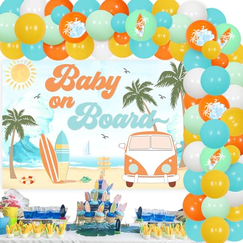 Surf Baby Shower Dekorationen, Baby On Board Hintergrund mit Surf Balloon Garland Arch Kit, Sommer Strand Baby Shower Party Supplies von Sursurprise