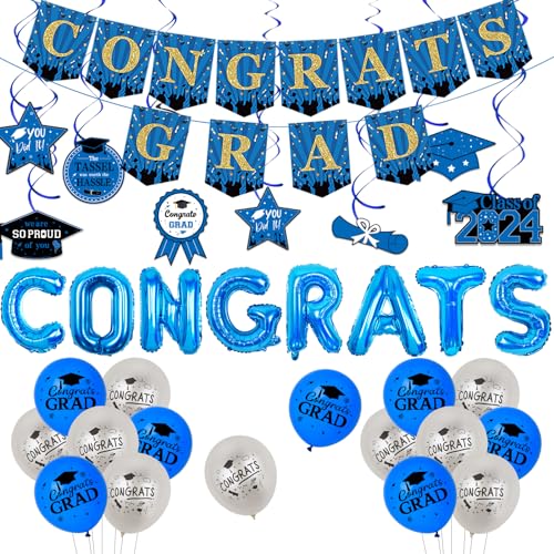 Sursurprise 2024 Graduation Dekorationen blau, Congrats Grad Banner hängenden wirbelt, Folie Ballon, Klasse von 2024, Herzlichen Glückwunsch Graduation Party Supplies von Sursurprise