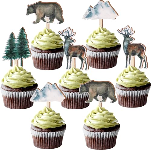 Sursurprise 32PCS Abenteuer Thema Cupcake Toppers hölzerne Wald Berg Kuchen Toppers für Abenteuer Baby Dusche Dekorationen Geburtstag Party Zubehör von Sursurprise
