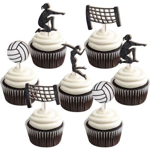 Sursurprise 32PCS Volleyball Cupcake Toppers hölzerne Volleyball-Kuchen Toppers für Volleyball Party Dekorationen Geburtstag Baby Dusche Sport Party Supplies von Sursurprise