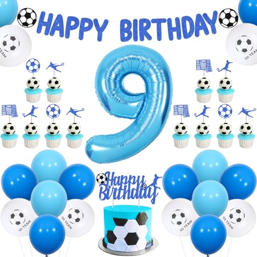 Sursurprise 9th Football Birthday Decorations Blue and White for Boys Soccer Happy 9th Birthday Banner Cake Topper Set, Go Team Number 9 Foil Balloons, Football Fans Ninth Birthday Party Supplies von Sursurprise