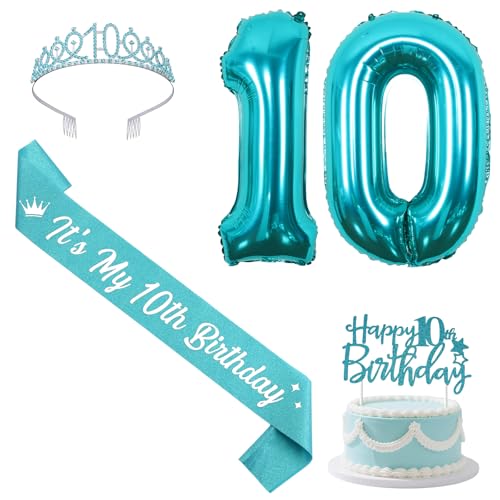 Sursurprise Blaugrün 10 Geburtstag Dekorationen mit Schärpe und Diadem, Happy 10th Birthday Cake Topper Zahl 10 Luftballons 10 Jahre alt Geburtstag Party Supplies für Mädchen Sursurprise Blaugrün 10 Geburtstag Dekorationen mit Schärpe und Diadem, Happy 10th Birthday Cake Topper Zahl 10 Luftballons 10 Jahre alt Geburtstag Party Supplies für Mädchen von Sursurprise