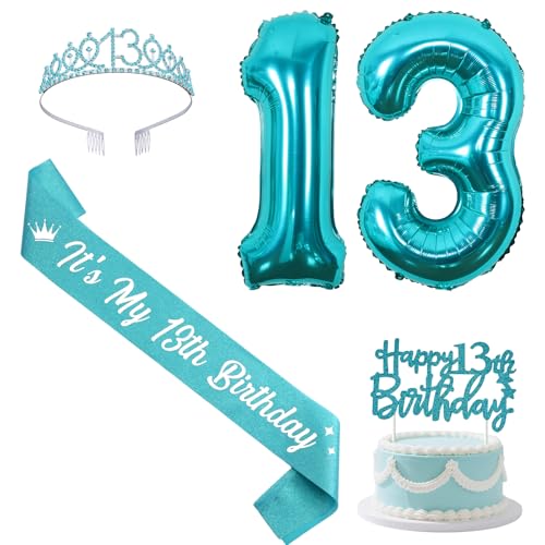 Sursurprise Blaugrün 13 Geburtstag Dekorationen mit Schärpe und Tiara, Happy 13th Birthday Cake Topper Zahl 13 Luftballons 13 Jahre alt Geburtstag Party Supplies für Mädchen Sursurprise Blaugrün 13 Geburtstag Dekorationen mit Schärpe und Tiara, Happy 13th Birthday Cake Topper Zahl 13 Luftballons 13 Jahre alt Geburtstag Party Supplies für Mädchen von Sursurprise