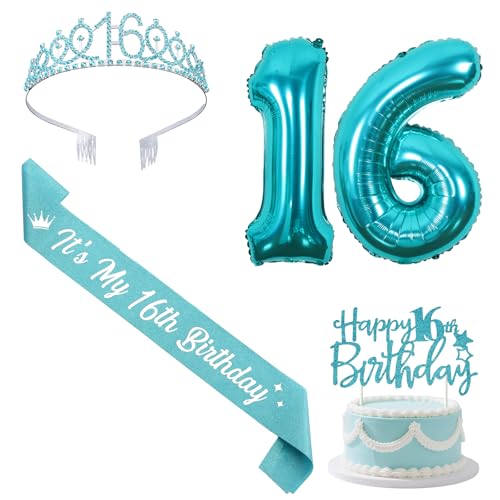 Sursurprise Blaugrün 16 Geburtstag Dekorationen mit Schärpe und Tiara, Happy 16th Birthday Cake Topper Zahl 16 Luftballons 16 Jahre alt Geburtstag Party Supplies für Mädchen Sursurprise Blaugrün 16 Geburtstag Dekorationen mit Schärpe und Tiara, Happy 16th Birthday Cake Topper Zahl 16 Luftballons 16 Jahre alt Geburtstag Party Supplies für Mädchen von Sursurprise